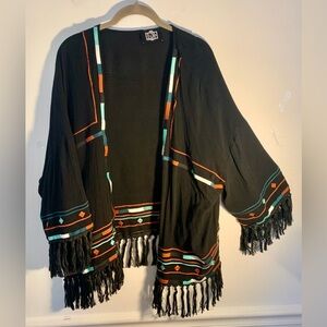 Boho Southwestern Fringe black rayon cardigan by Luxe women’s size L